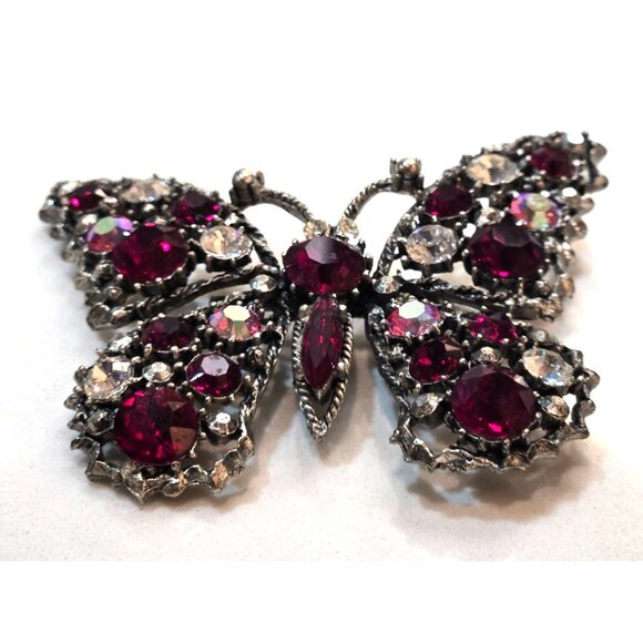 Vintage Weiss Rhinestone Butterfly Brooch Red & Clear Crystal Elegant Signed - Picture 7 of 10